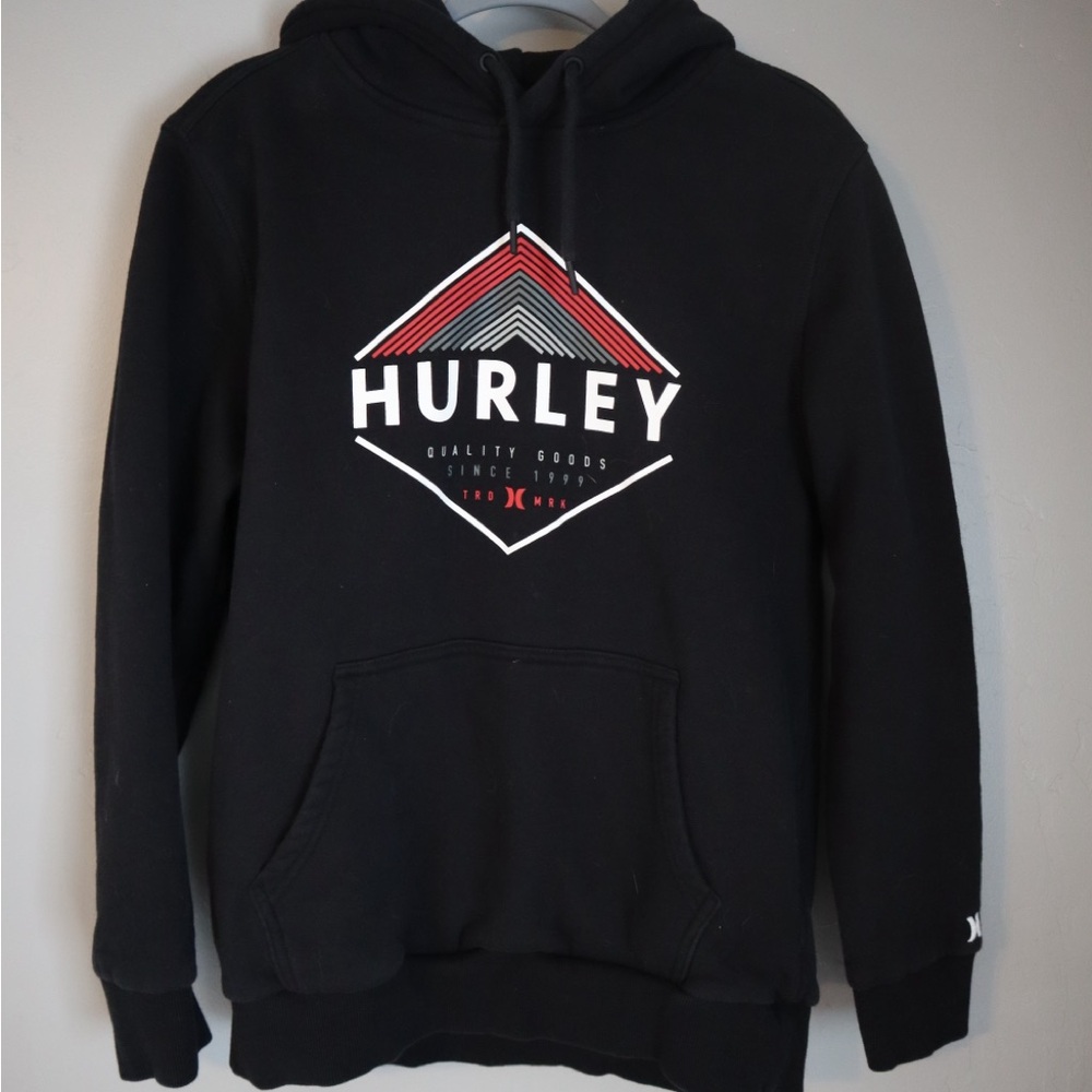 Hurley Black Hoodie with Red and White Geometric Chest Logo